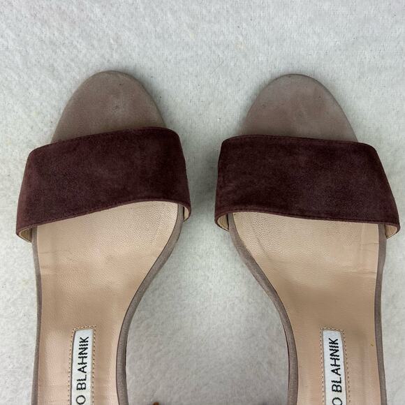 Authentic Manolo Blahnik Brown Gray Suede Strappy Sandal Block Heel 38.5 (US 8) - Picture 16 of 16